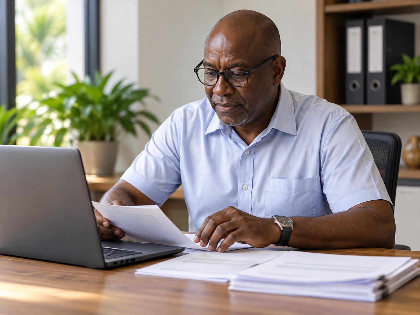 A Saint Lucia business owner reviewing payroll paperwork at his desk